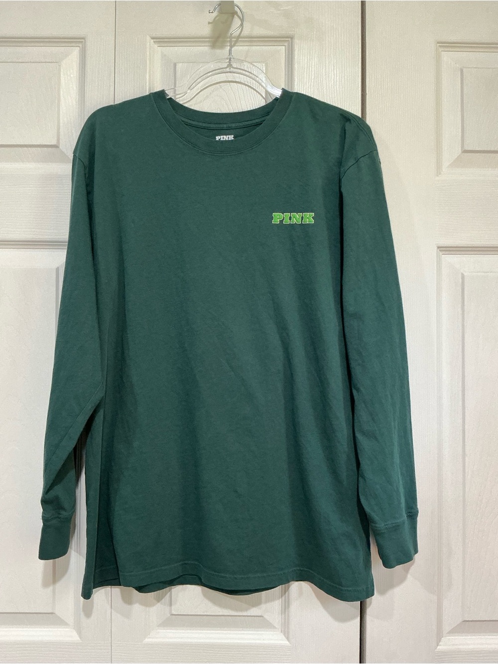 💙 NWT Victoria’s Secret Pink Campus Cotton Long Sleeve Green Tee T-Shirt (01551)